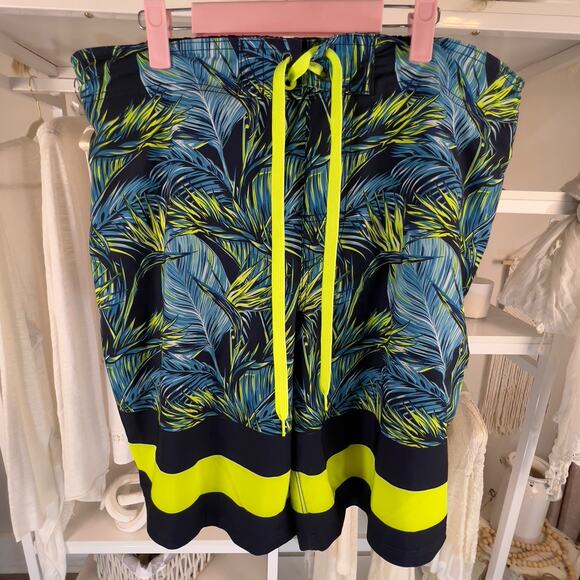 OP Men's size large swim trunks 36/38 blue, chartreuse, floral coastal #2437 - Picture 1 of 9